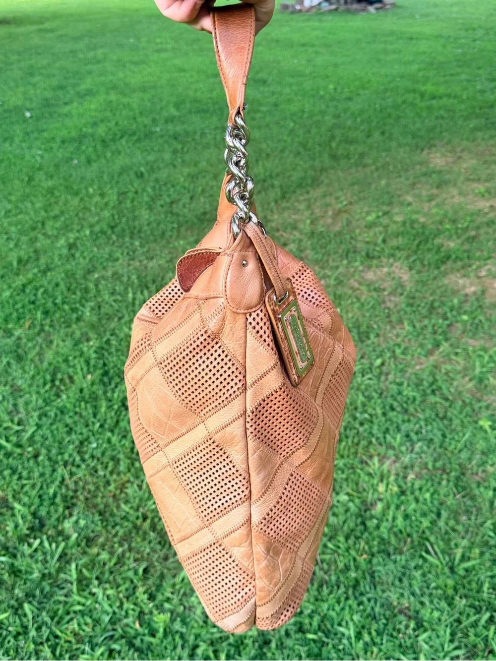 b. makowsky Tan Patchwork Leather Hobo with Chain Accent